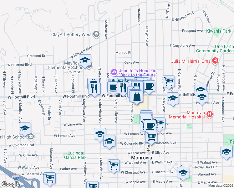 map of restaurants, bars, coffee shops, grocery stores, and more near 114 North Magnolia Avenue in Monrovia