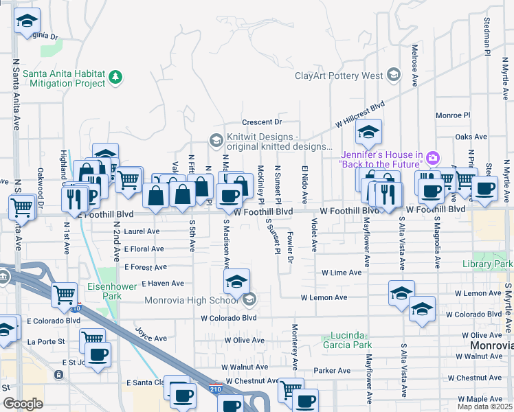 map of restaurants, bars, coffee shops, grocery stores, and more near 122 North Garfield Place in Monrovia