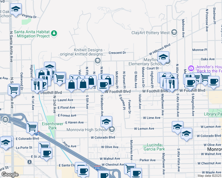 map of restaurants, bars, coffee shops, grocery stores, and more near 122 North Garfield Place in Monrovia