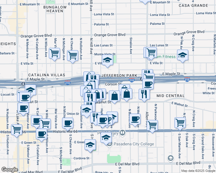 map of restaurants, bars, coffee shops, grocery stores, and more near 1520 Corson Street in Pasadena