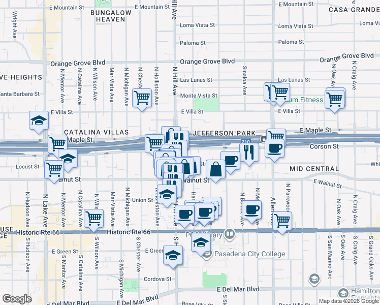 map of restaurants, bars, coffee shops, grocery stores, and more near 1466 Corson Street in Pasadena