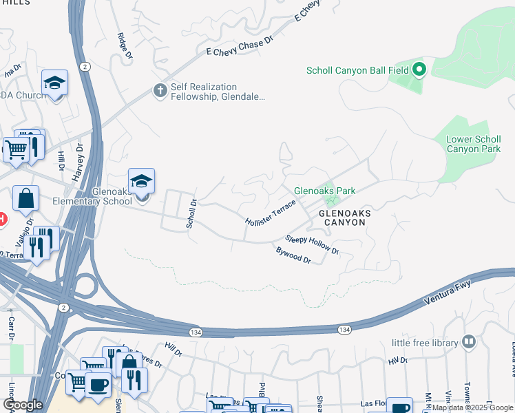 map of restaurants, bars, coffee shops, grocery stores, and more near 2356 Suncourt Terrace in Glendale