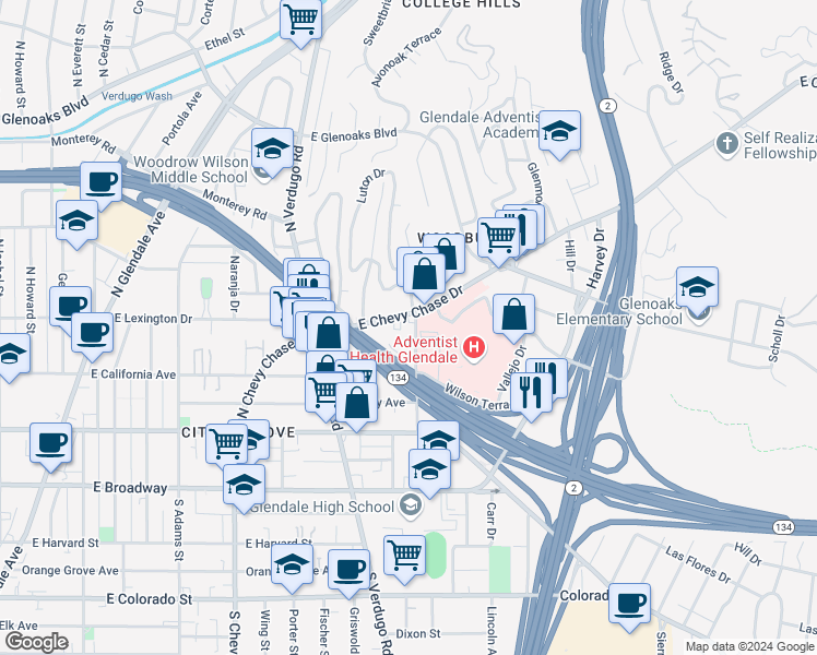 map of restaurants, bars, coffee shops, grocery stores, and more near 1479 East Chevy Chase Drive in Glendale