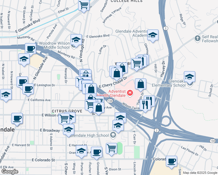 map of restaurants, bars, coffee shops, grocery stores, and more near 1479 East Chevy Chase Drive in Glendale