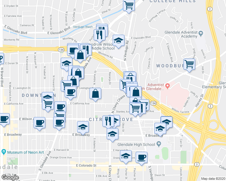 map of restaurants, bars, coffee shops, grocery stores, and more near 1217 East Lexington Drive in Glendale