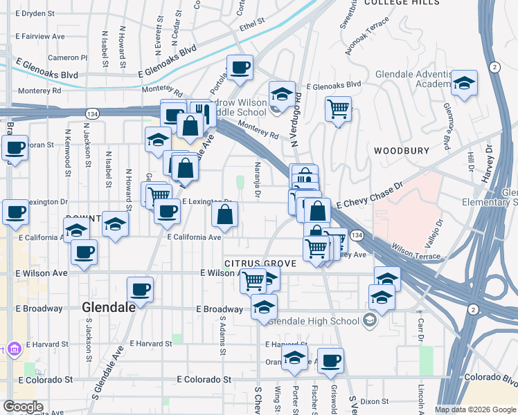 map of restaurants, bars, coffee shops, grocery stores, and more near 1217 East Lexington Drive in Glendale