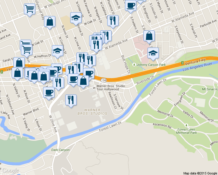 map of restaurants, bars, coffee shops, grocery stores, and more near 3123 West Riverside Drive in Burbank