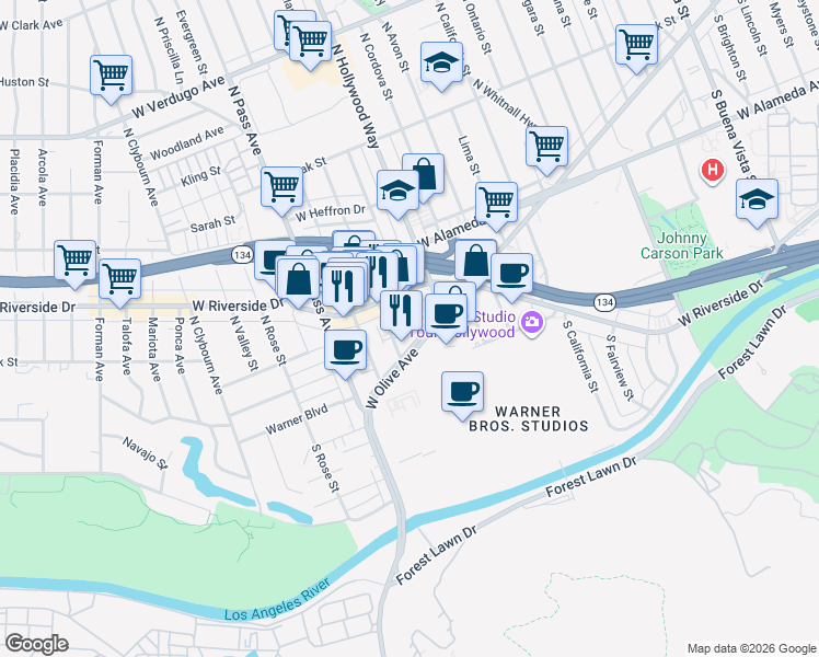 map of restaurants, bars, coffee shops, grocery stores, and more near 123 North Screenland Drive in Burbank
