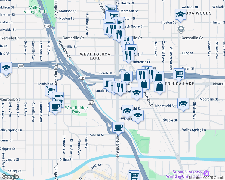 map of restaurants, bars, coffee shops, grocery stores, and more near 4460 Ensign Avenue in Los Angeles