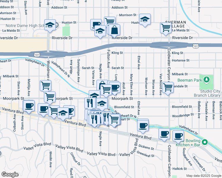 map of restaurants, bars, coffee shops, grocery stores, and more near 4450 Fulton Avenue in Los Angeles