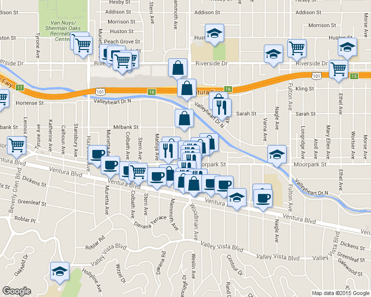 map of restaurants, bars, coffee shops, grocery stores, and more near 4458 Woodman Avenue in Los Angeles