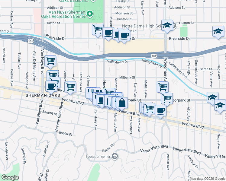 map of restaurants, bars, coffee shops, grocery stores, and more near 4457 Murietta Avenue in Los Angeles