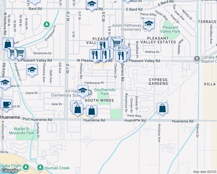 map of restaurants, bars, coffee shops, grocery stores, and more near 230 Chester Way in Oxnard