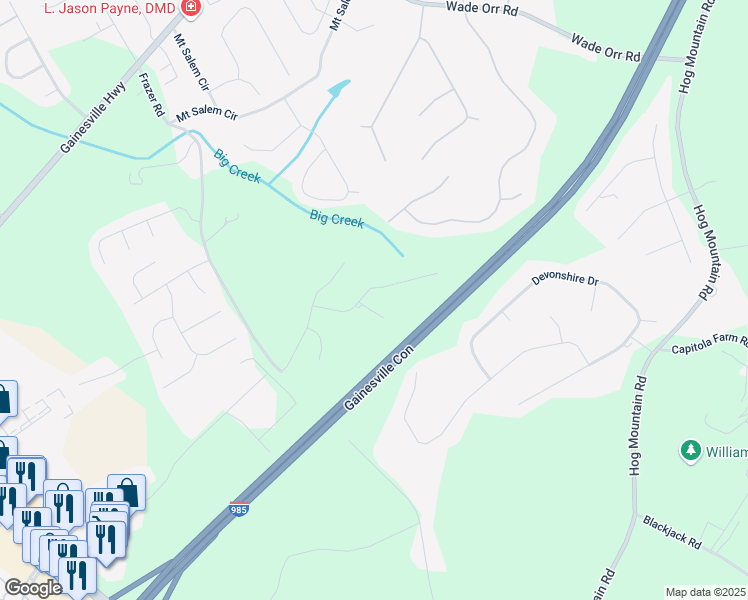 map of restaurants, bars, coffee shops, grocery stores, and more near 5540 Wood Falls Drive in Flowery Branch