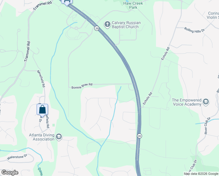 map of restaurants, bars, coffee shops, grocery stores, and more near 2405 Bonnie Brae Road in Cumming
