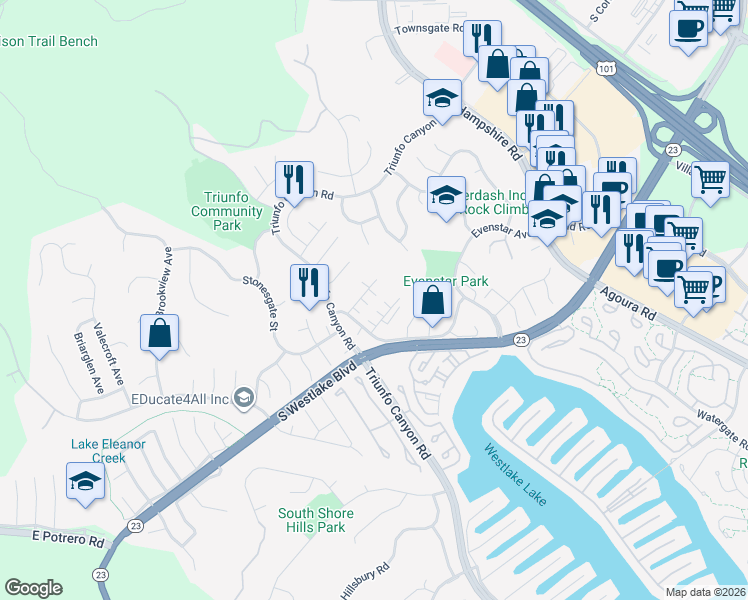 map of restaurants, bars, coffee shops, grocery stores, and more near 1046 Barrow Court in Westlake Village