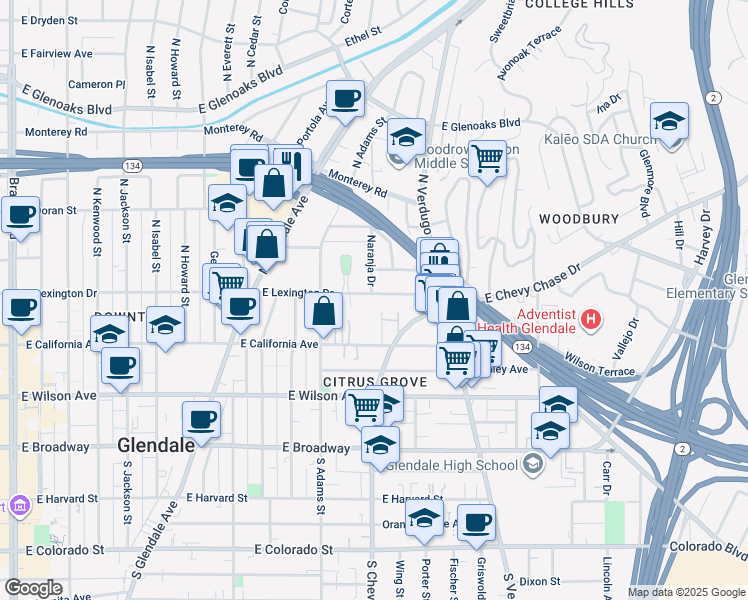 map of restaurants, bars, coffee shops, grocery stores, and more near 1204 East Lexington Drive in Glendale