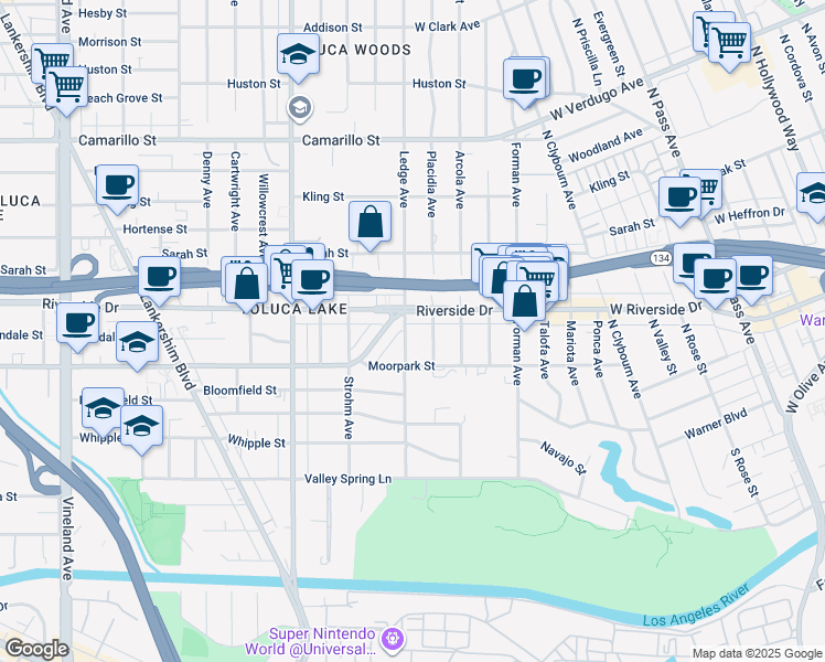 map of restaurants, bars, coffee shops, grocery stores, and more near 4440 Ledge Avenue in Los Angeles