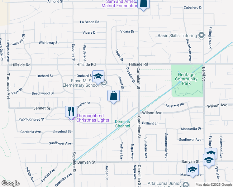 map of restaurants, bars, coffee shops, grocery stores, and more near 8563 Beechwood Drive in Rancho Cucamonga