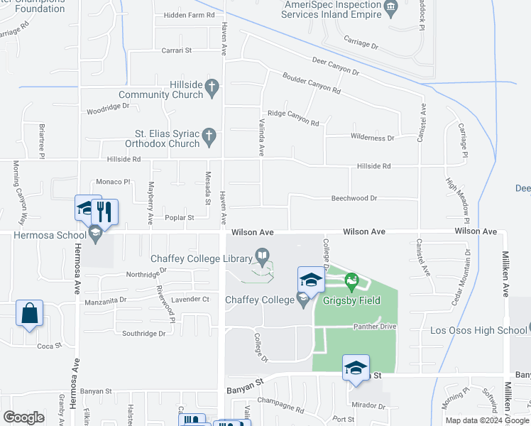 map of restaurants, bars, coffee shops, grocery stores, and more near 10621 Apple Lane in Rancho Cucamonga