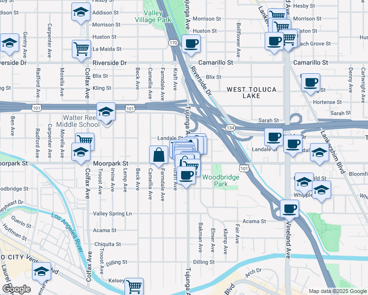 map of restaurants, bars, coffee shops, grocery stores, and more near 4458 Kraft Avenue in Los Angeles