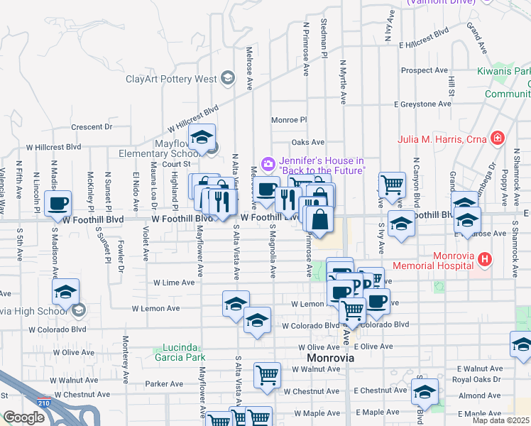 map of restaurants, bars, coffee shops, grocery stores, and more near 120 Melrose Avenue in Monrovia