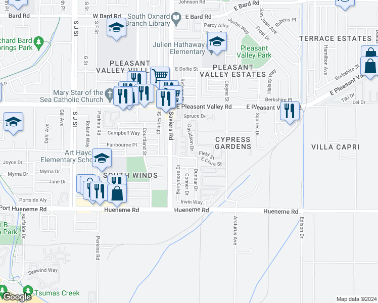 map of restaurants, bars, coffee shops, grocery stores, and more near 5341 Davidson Drive in Oxnard