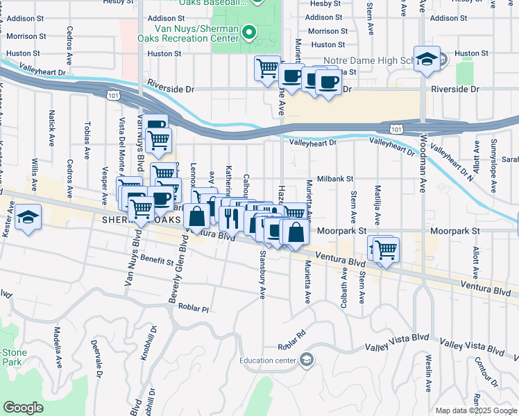 map of restaurants, bars, coffee shops, grocery stores, and more near 4429 Stansbury Avenue in Los Angeles