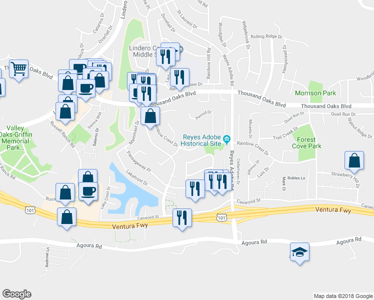 map of restaurants, bars, coffee shops, grocery stores, and more near 30464 West Rainbow Crest Drive in Agoura Hills