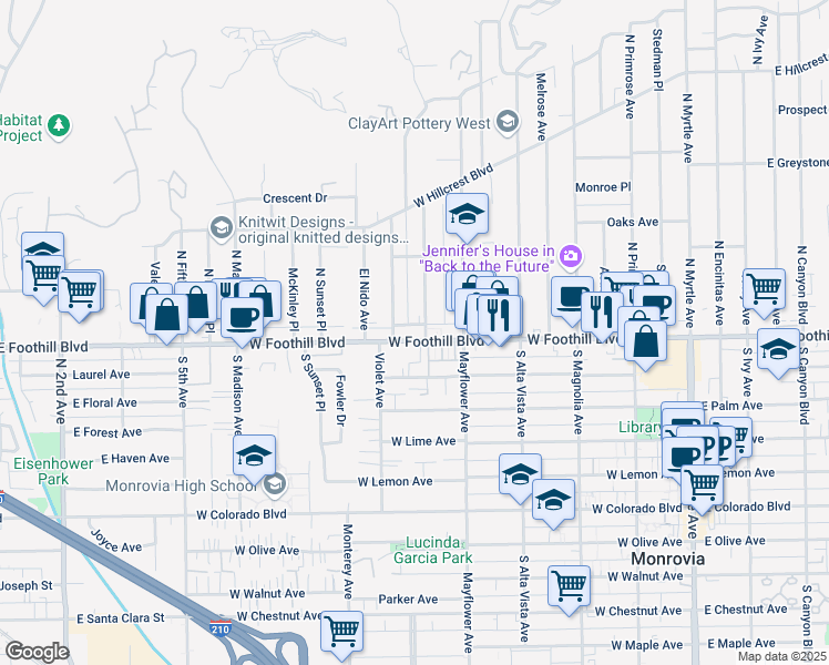map of restaurants, bars, coffee shops, grocery stores, and more near 609 West Foothill Boulevard in Monrovia