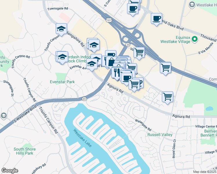 map of restaurants, bars, coffee shops, grocery stores, and more near 2641 Hartland Circle in Westlake Village
