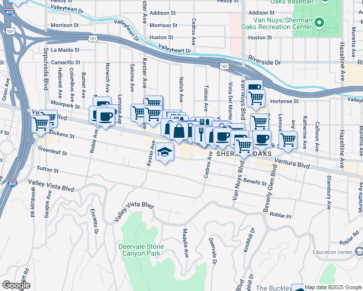map of restaurants, bars, coffee shops, grocery stores, and more near 14709 Ventura Boulevard in Los Angeles