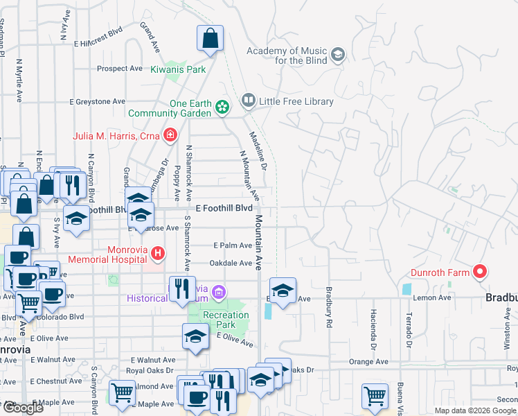 map of restaurants, bars, coffee shops, grocery stores, and more near 2 Mountain Avenue in Monrovia