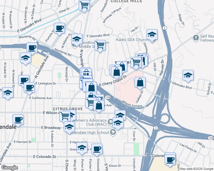 map of restaurants, bars, coffee shops, grocery stores, and more near 1468 East Chevy Chase Drive in Glendale