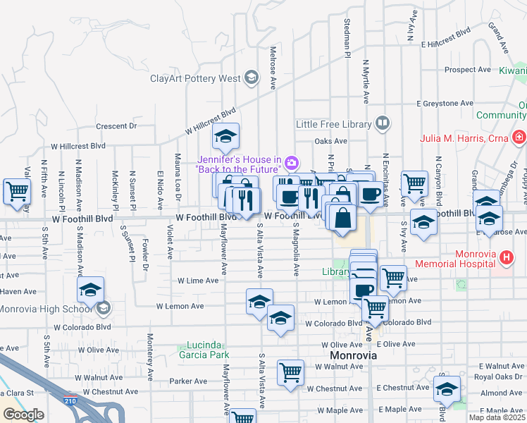 map of restaurants, bars, coffee shops, grocery stores, and more near 2 North Alta Vista Avenue in Monrovia