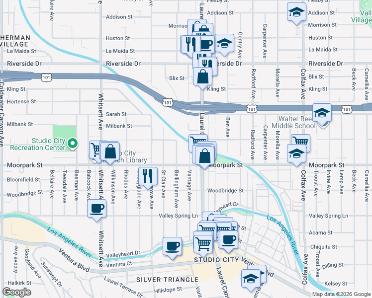 map of restaurants, bars, coffee shops, grocery stores, and more near 4437 Vantage Avenue in Los Angeles