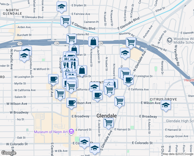 map of restaurants, bars, coffee shops, grocery stores, and more near 345 North Jackson Street in Glendale
