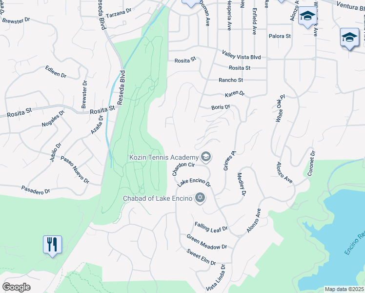 map of restaurants, bars, coffee shops, grocery stores, and more near 18310 Karen Drive in Los Angeles