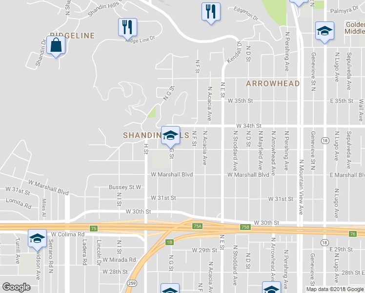 map of restaurants, bars, coffee shops, grocery stores, and more near 656 West 33rd Street in San Bernardino