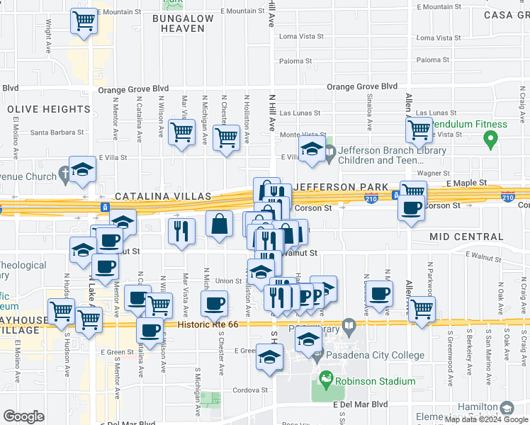 map of restaurants, bars, coffee shops, grocery stores, and more near 333 North Hill Avenue in Pasadena