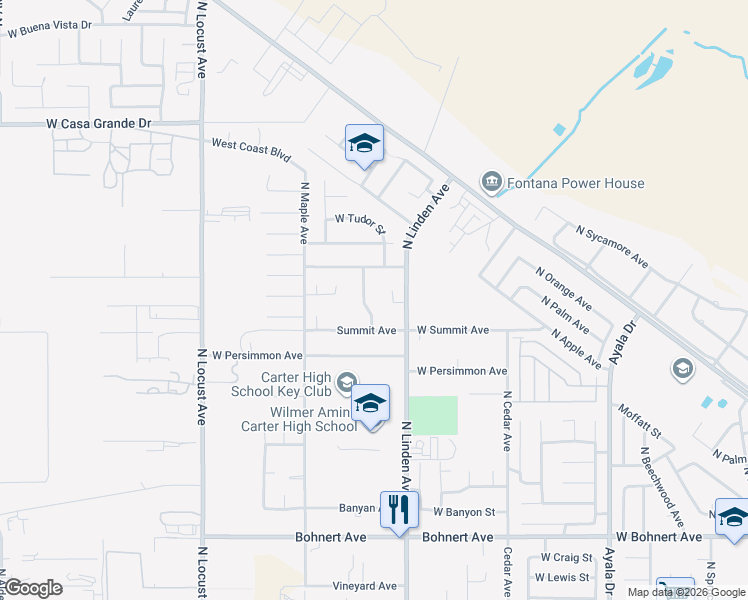 map of restaurants, bars, coffee shops, grocery stores, and more near 2878 North Ironwood Avenue in Rialto