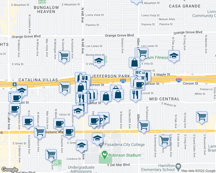 map of restaurants, bars, coffee shops, grocery stores, and more near 1588 Corson Street in Pasadena
