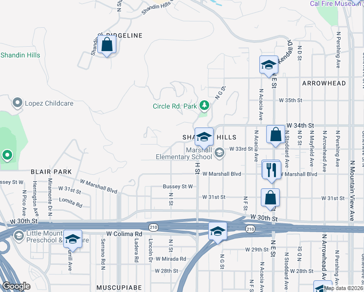 map of restaurants, bars, coffee shops, grocery stores, and more near 857 West Edgehill Road in San Bernardino