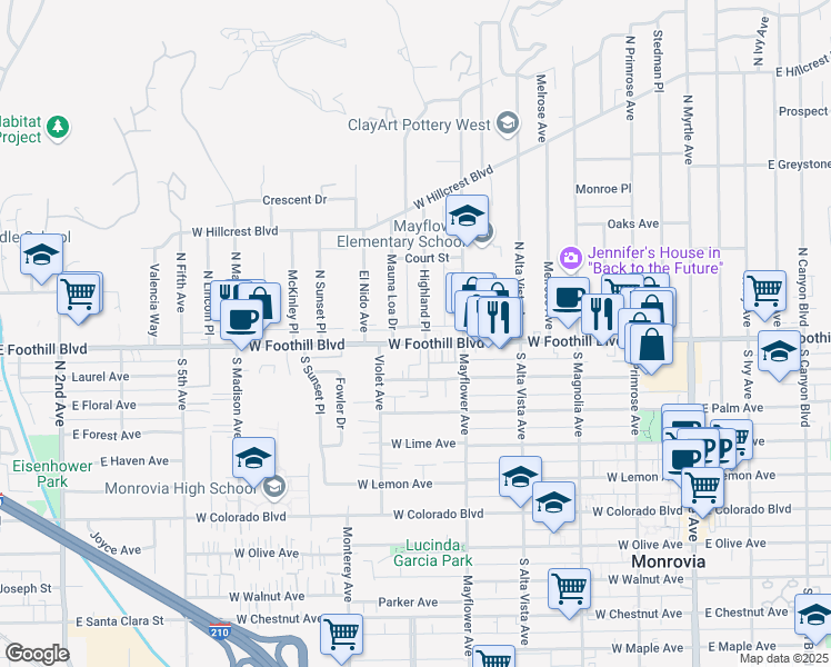 map of restaurants, bars, coffee shops, grocery stores, and more near 609 West Foothill Boulevard in Monrovia