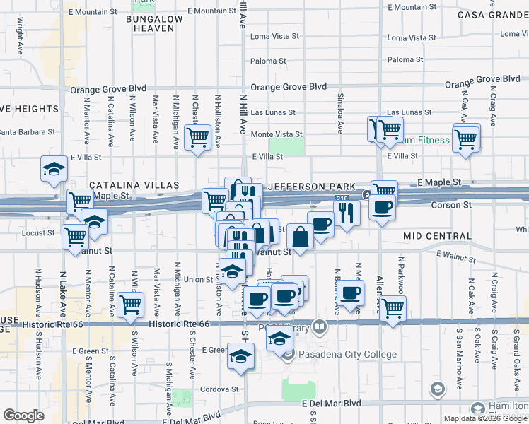 map of restaurants, bars, coffee shops, grocery stores, and more near 1466 Corson Street in Pasadena