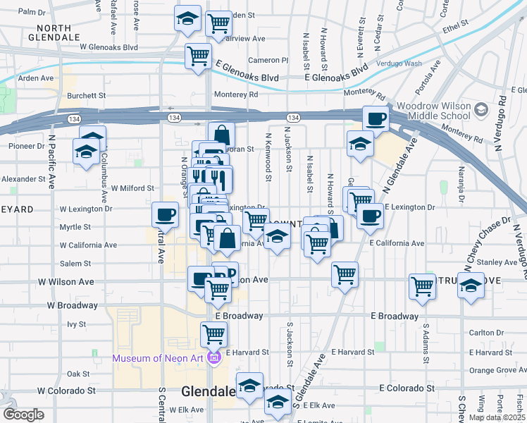 map of restaurants, bars, coffee shops, grocery stores, and more near 345 North Kenwood Street in Glendale