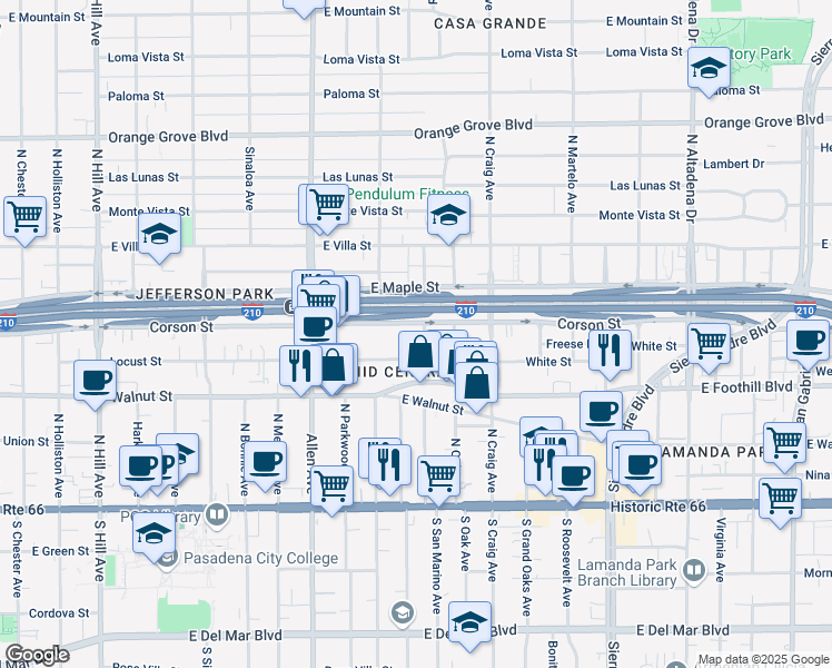 map of restaurants, bars, coffee shops, grocery stores, and more near 315 Linda Rosa Avenue in Pasadena