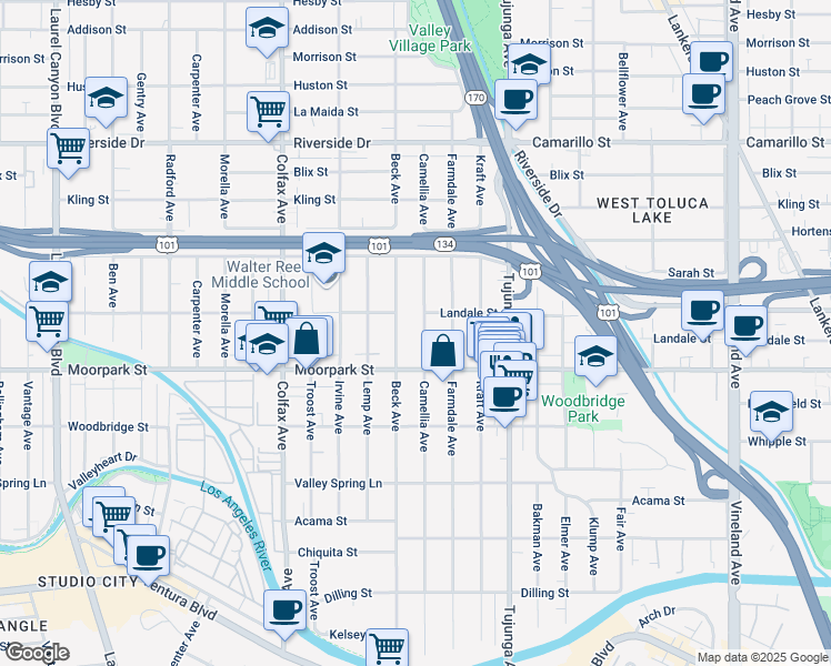 map of restaurants, bars, coffee shops, grocery stores, and more near 4445 Camellia Avenue in Los Angeles