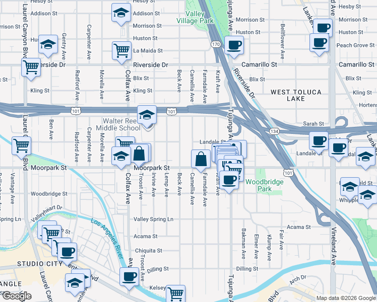 map of restaurants, bars, coffee shops, grocery stores, and more near 4445 Camellia Avenue in Los Angeles