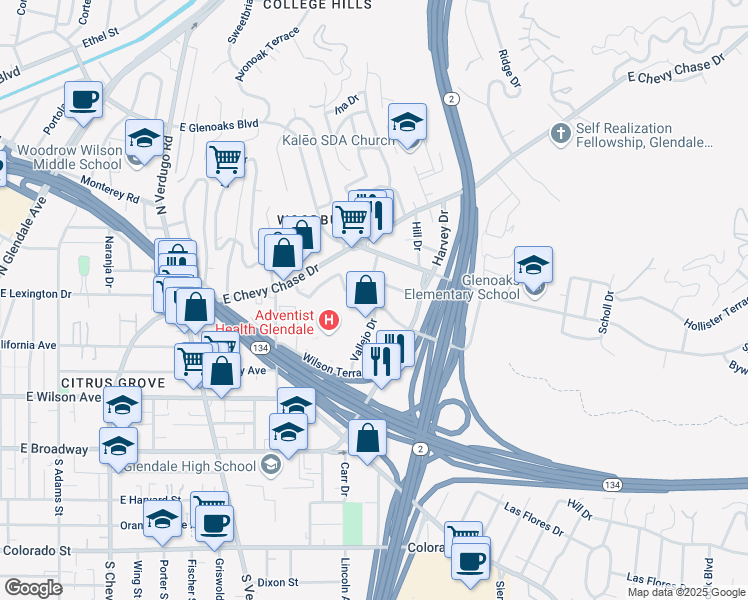 map of restaurants, bars, coffee shops, grocery stores, and more near 1702 Orchard Avenue in Glendale